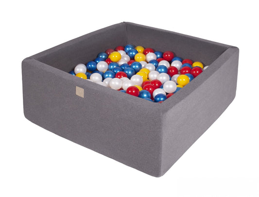 Vierkante Ballenbak incl. 400 ballen - 110x110x40 cm - Donker Grijs - Rood, Geel, Parel Wit, Parel Blauw